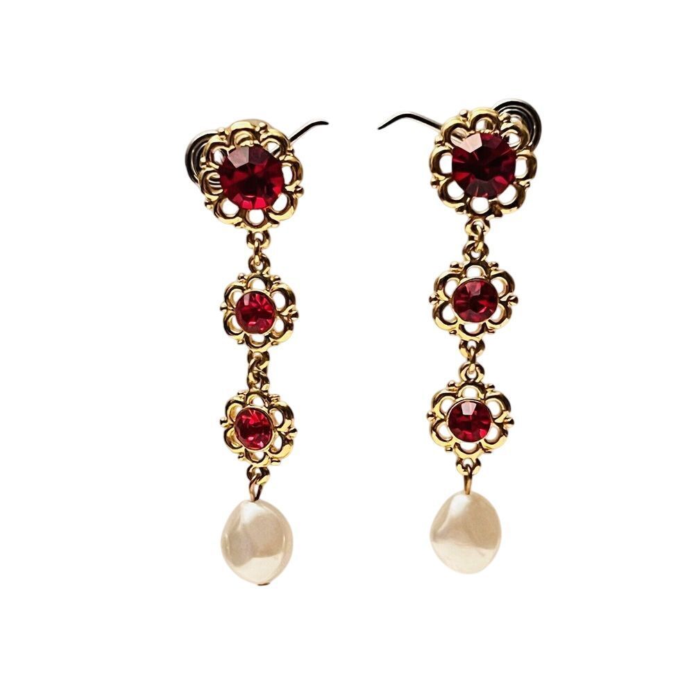 Earrings VTG Gold Pierced Statement Dangle Baroque Pearl Red Crystal Rhinestone